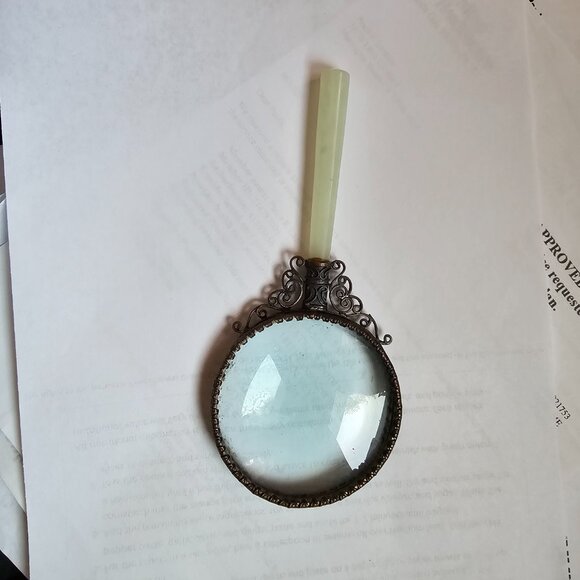 Vintage Chinese Brass Magnifying Glass with Jade Handle - Picture 4 of 6